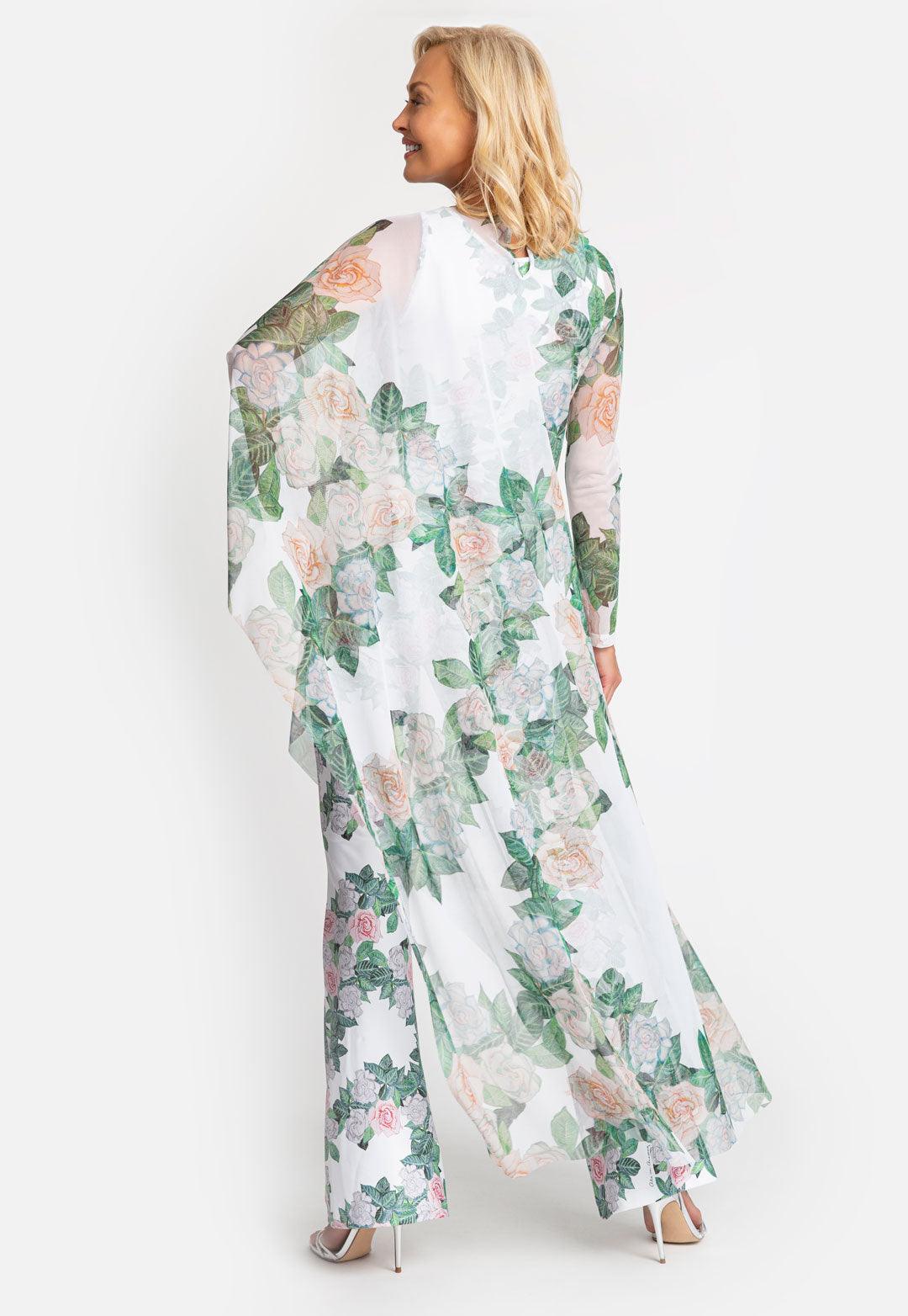 mesh one sleeved gardena flower printed poncho over stretch knit tank top and stretch knit pants in gardenia flower print