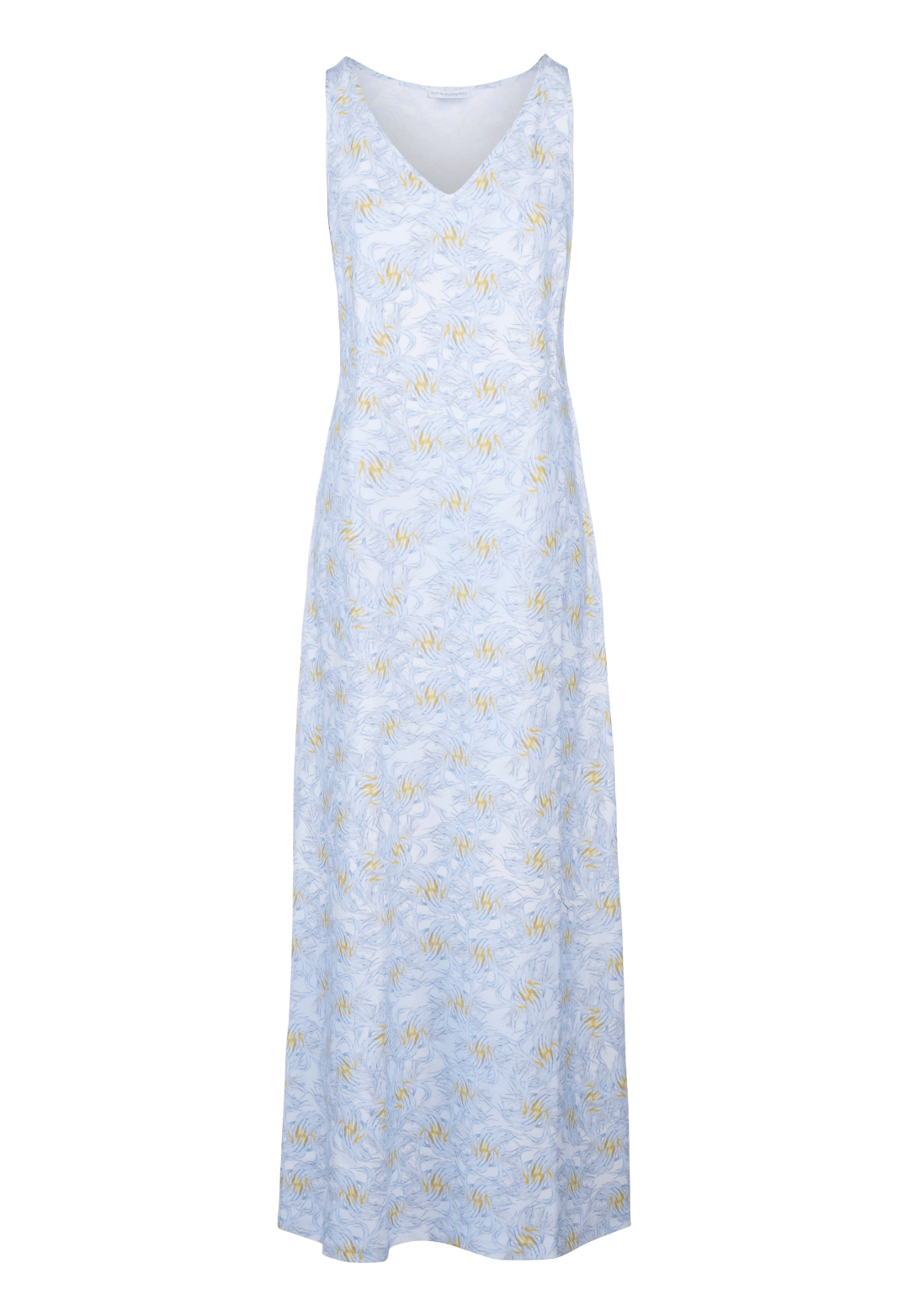 long yellow and blue feather printed stretch knit dress