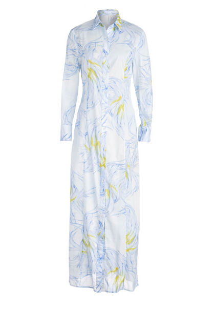 Yellow and blue feather printed cotton shirt dress by Ala von Auersperg for resort 2021