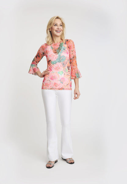 pink and orange floral printed mesh shirt with ruffled sleeves