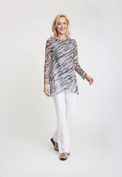 black and white tiger stripe printed mesh tunic long sleeve top