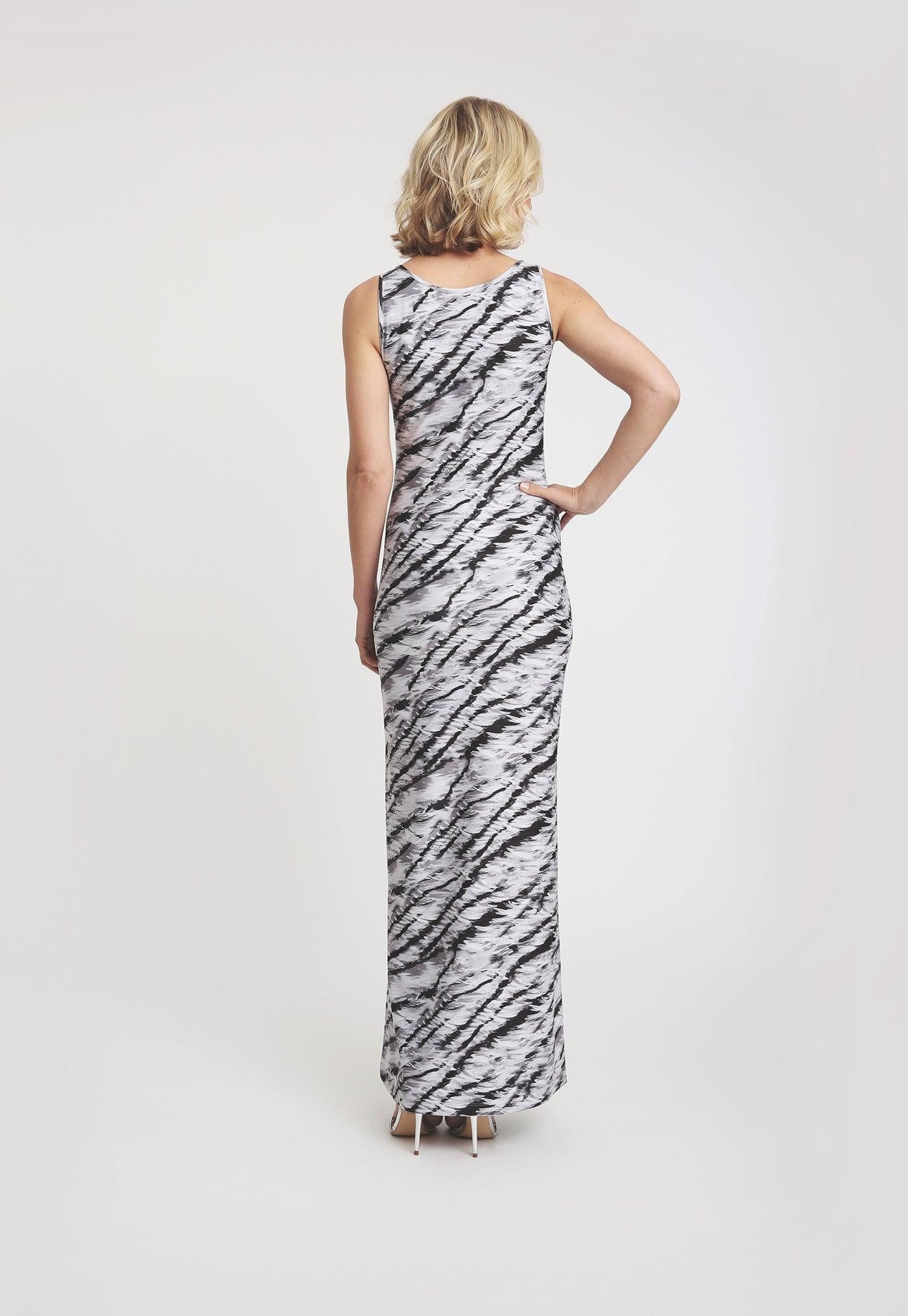 black and white tiger stripe printed long stretch knit dress