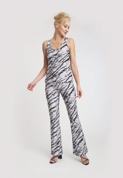 black and white tiger printed stretch knit pants with black and white tiger printed stretch knit tank top