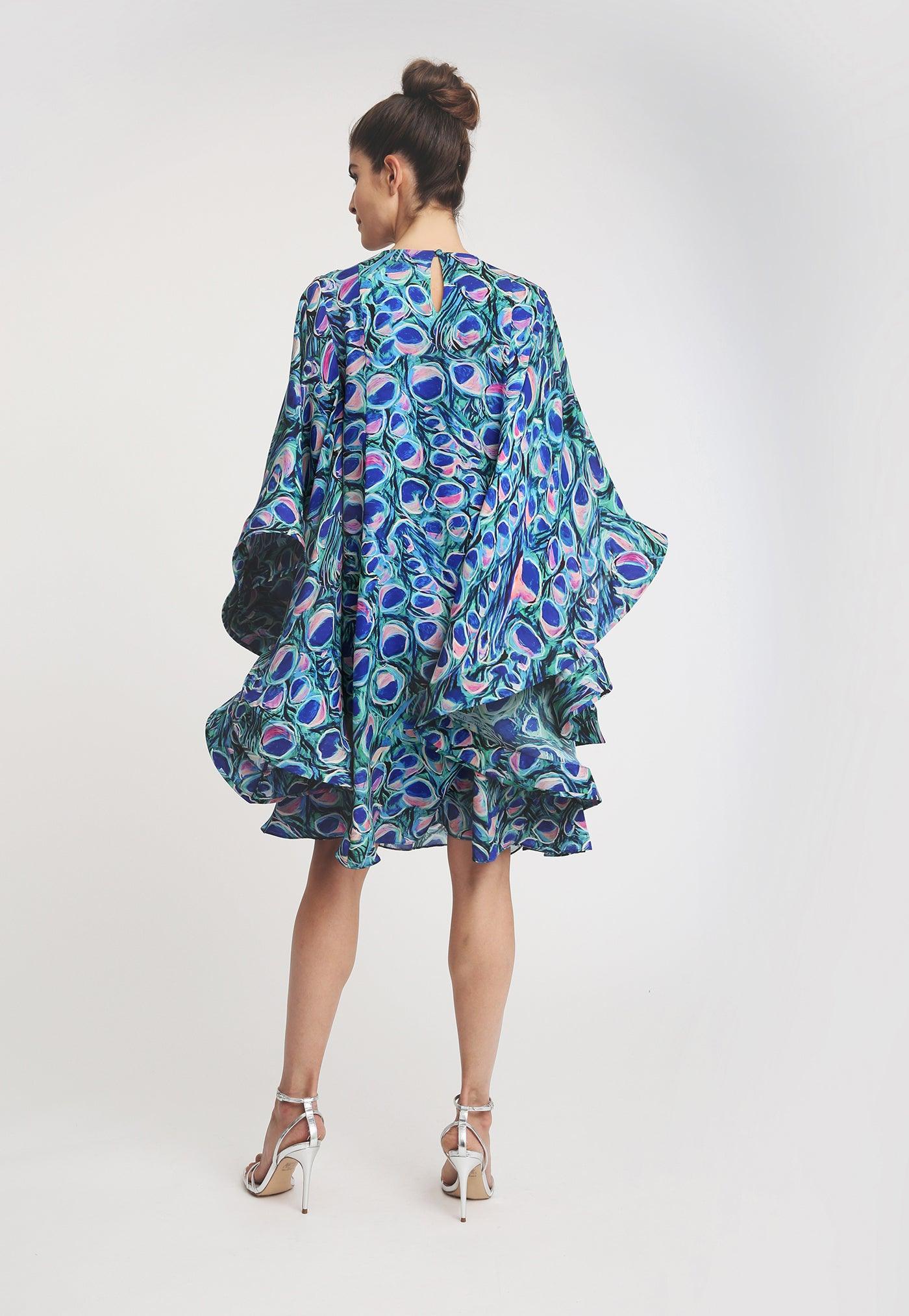 ruffled sleeve peacock printed knee length dress