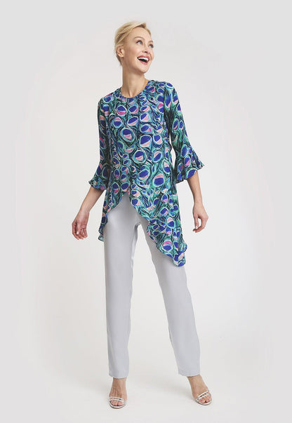 Silk peacock printed asymmetrical blouse with three quarter ruffled sleeves