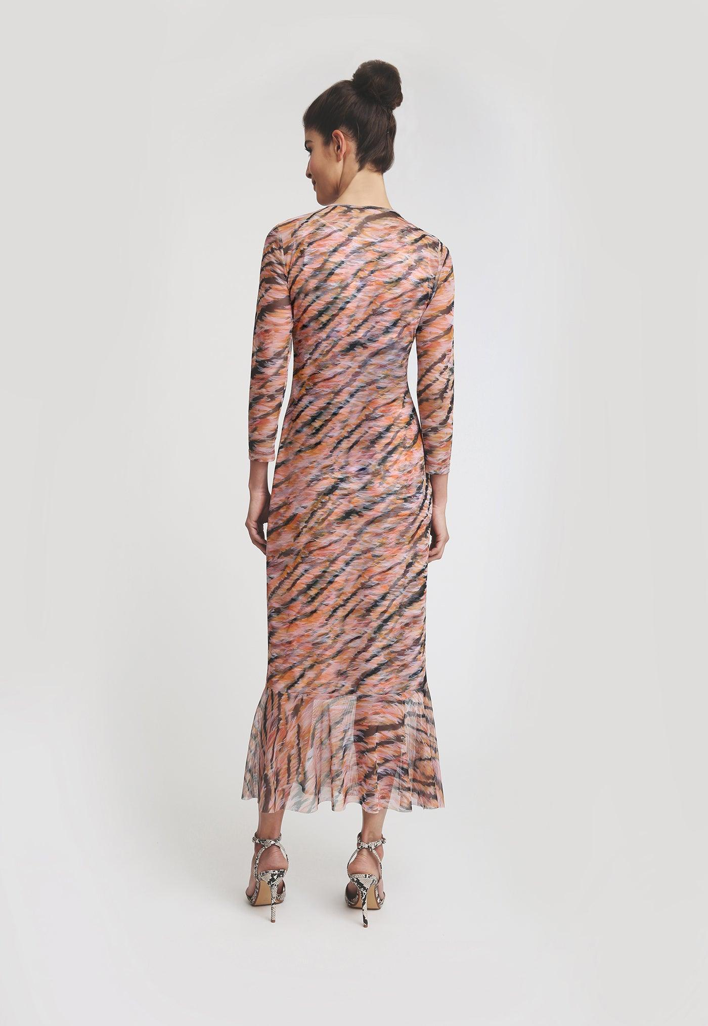 pink and orange tiger stripe printed mesh short dress with ruffled bottoms layered over short stretch knit tiger printed dress