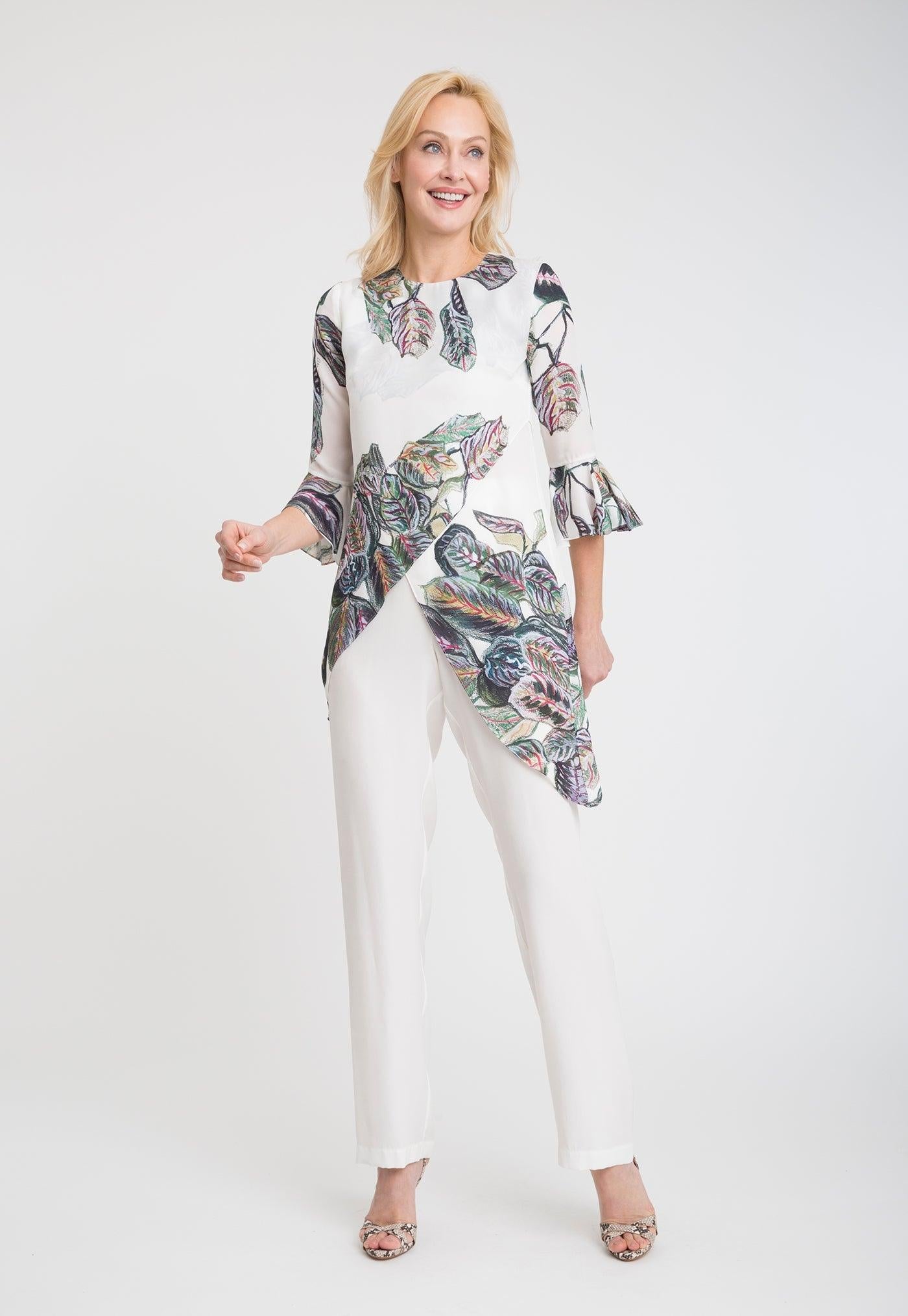 tropical leaves printed asymmetrical silk blouse with ruffled sleeves