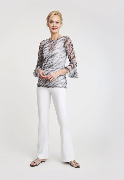 black and white tiger stripe printed mesh shirt with ruffled sleeves