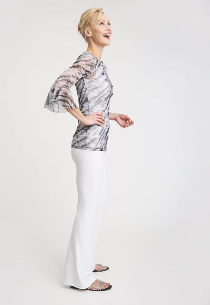black and white tiger stripe printed mesh shirt with ruffled sleeves