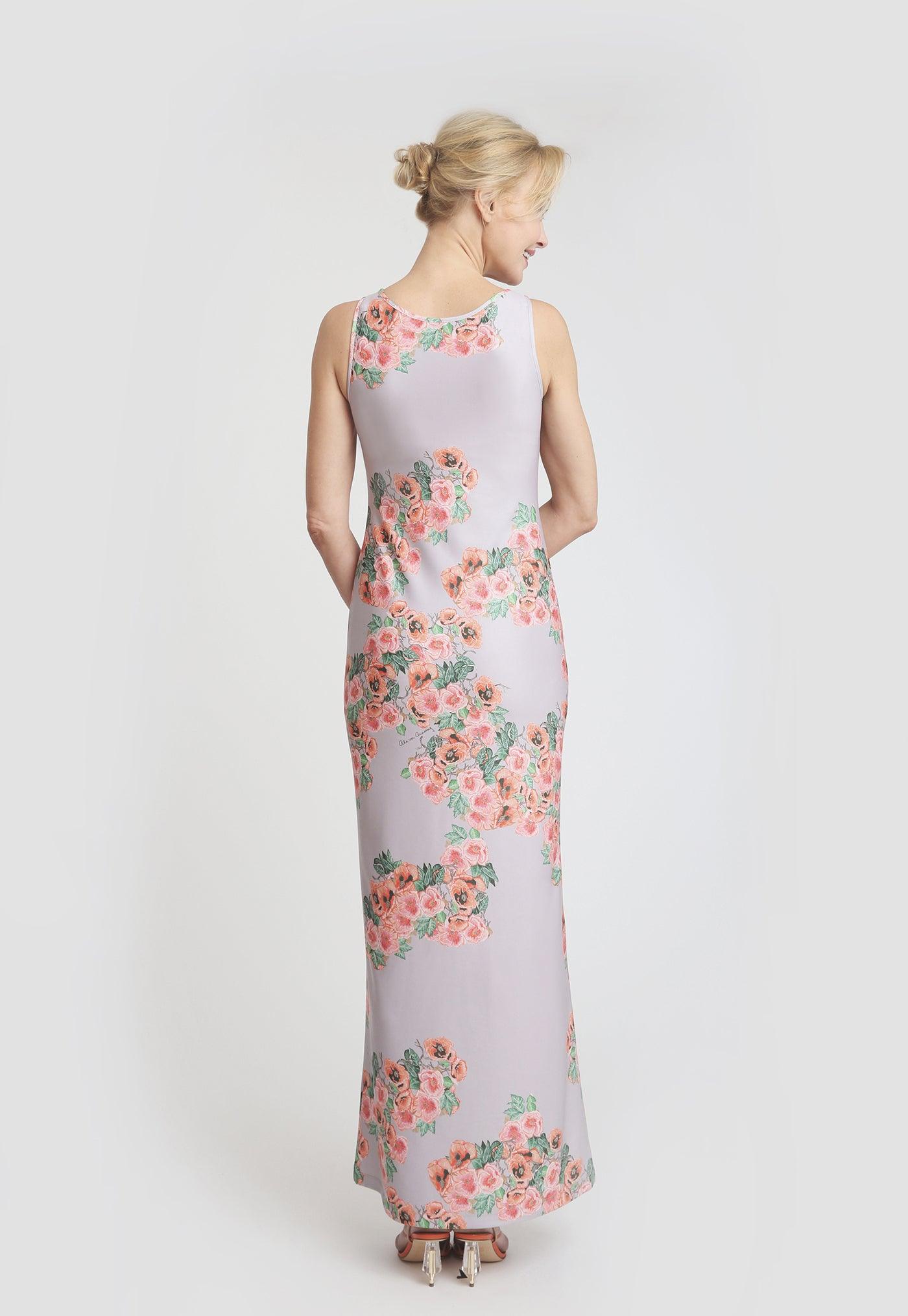 pink and orange flower printed stretch knit long dress