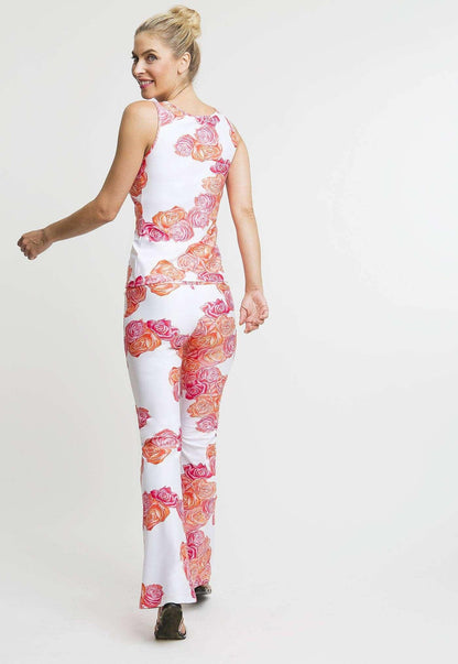 pink and orange flower printed stretch knit tank top with pink and orange flower printed stretch knit pants