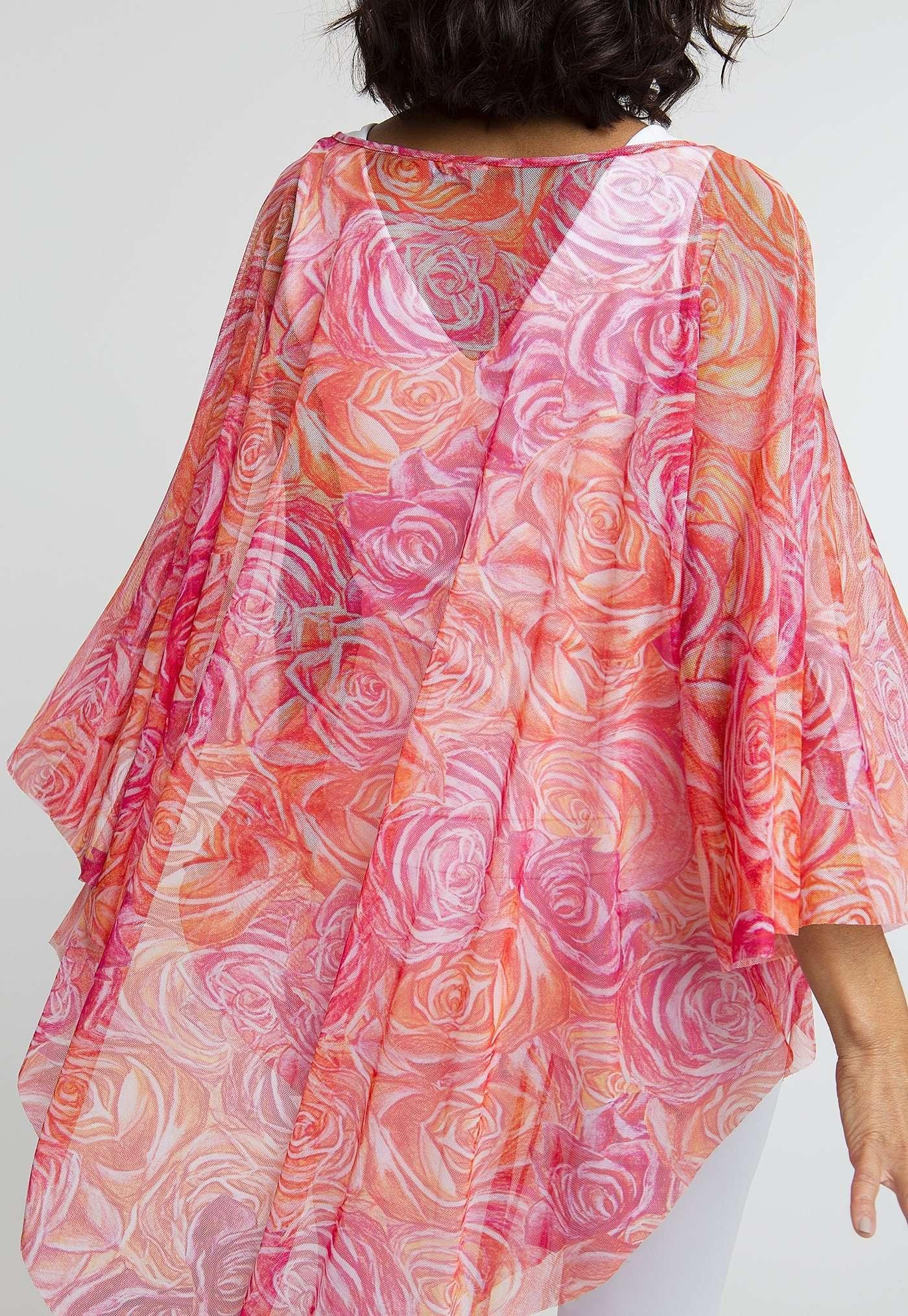 pink and orange flower printed mesh short poncho
