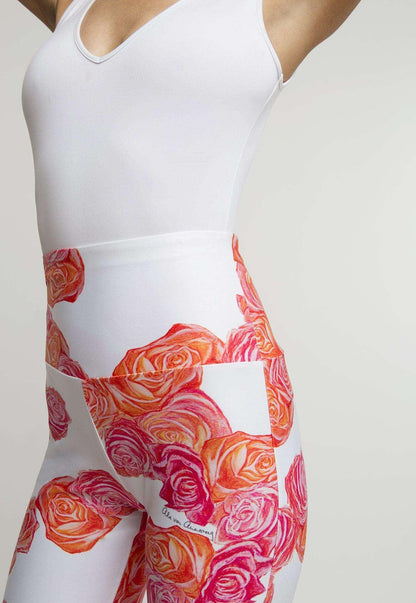pink and orange flower printed stretch knit pants