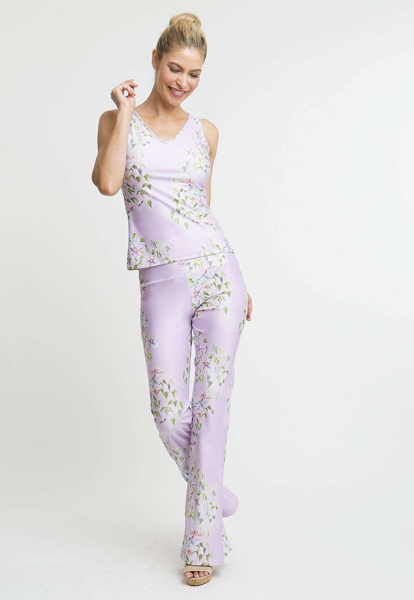 lavender flower printed stretch knit pants with lavender flower printed stretch knit tank top