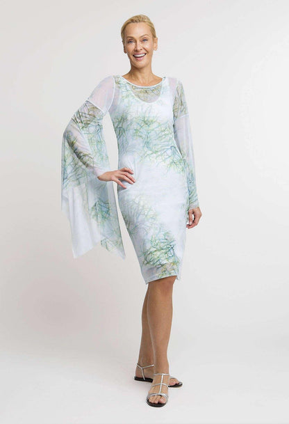 green cactus printed mesh short dress with long sleeves layered over short cactus printed stretch knit dress