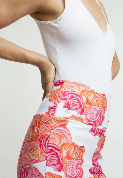 pink and orange flower printed stretch knit tube skirt