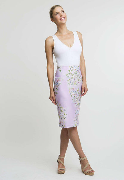 lavender flower printed stretch knit tube skirt