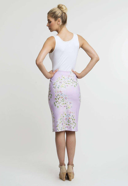 lavender flower printed stretch knit tube skirt