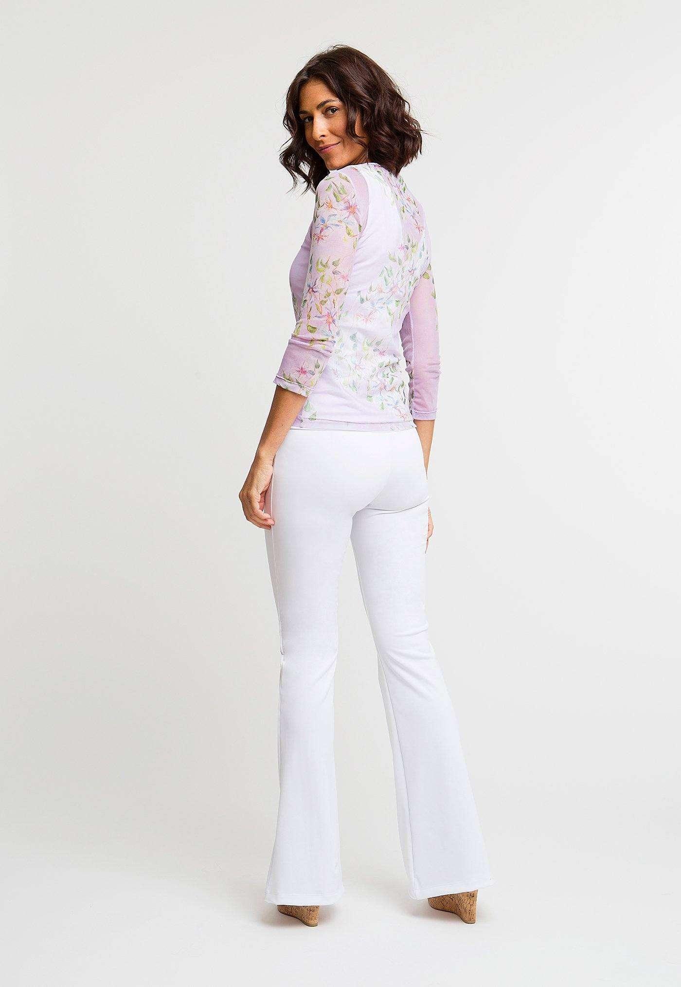 lavender flower printed mesh t shirt with white stretch knit tank top and white stretch knit pants