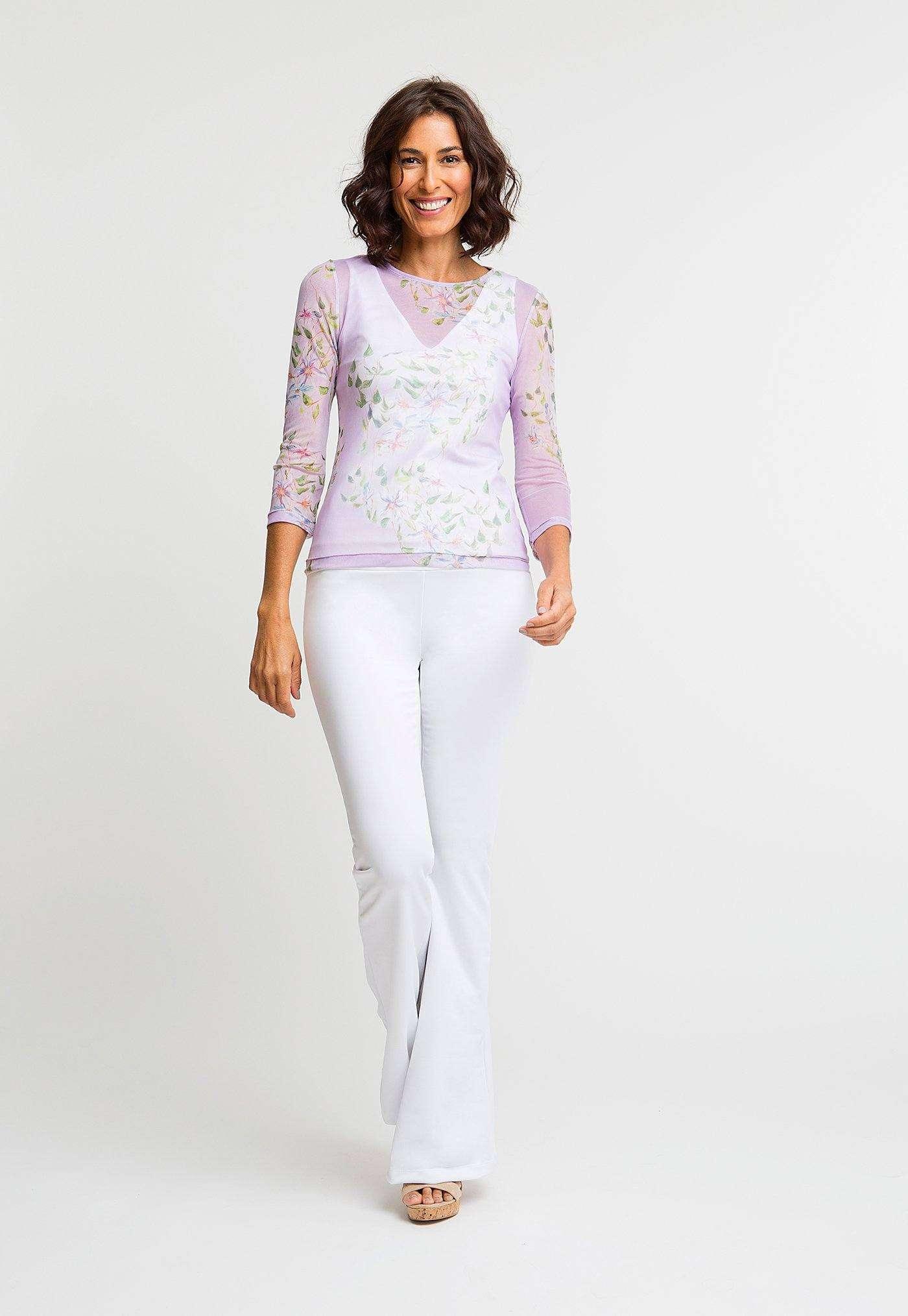 lavender flower printed mesh t shirt with white stretch knit tank top and white stretch knit pants