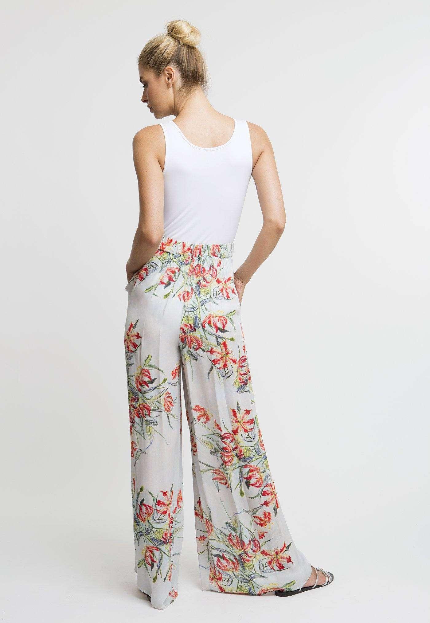 orange and blue flower printed silk pleated trousers pants