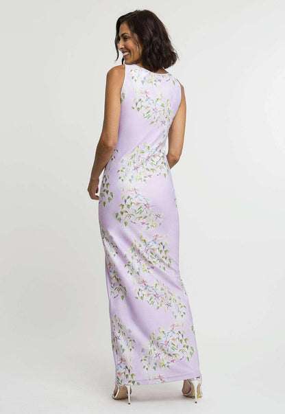 lavender flower printed long stretch knit dress