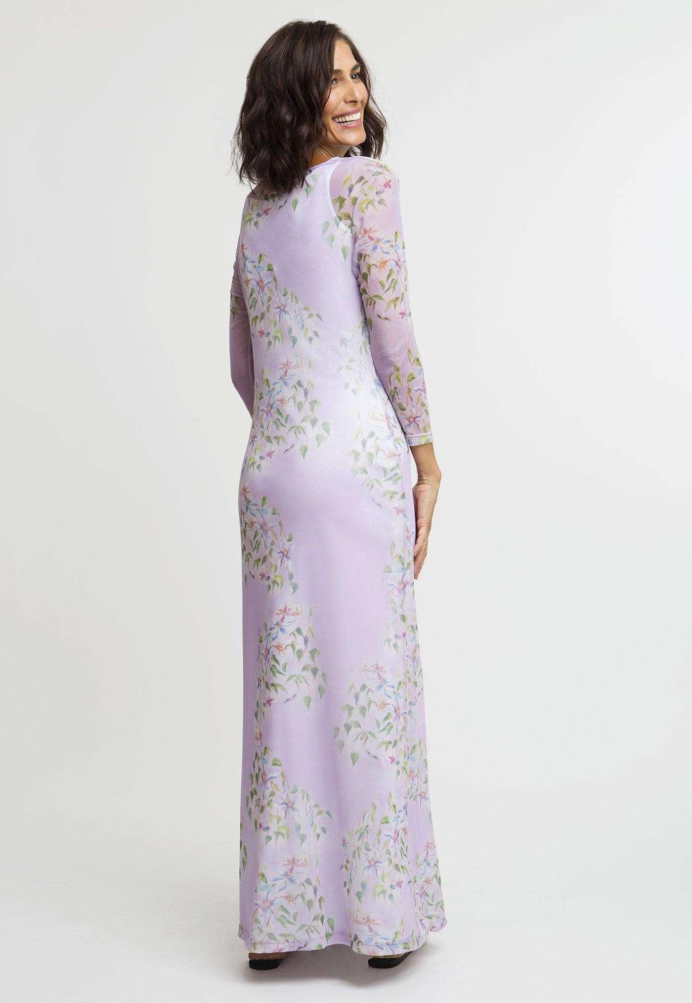 long mesh lavender flower printed cowl neck dress layered over long lavender flower printed stretch knit dress