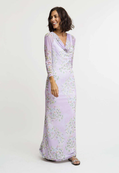 long mesh lavender flower printed cowl neck dress layered over long lavender flower printed stretch knit dress