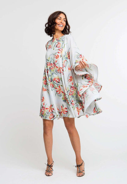 orange and blue flower printed silk short dress with large ruffled sleeves