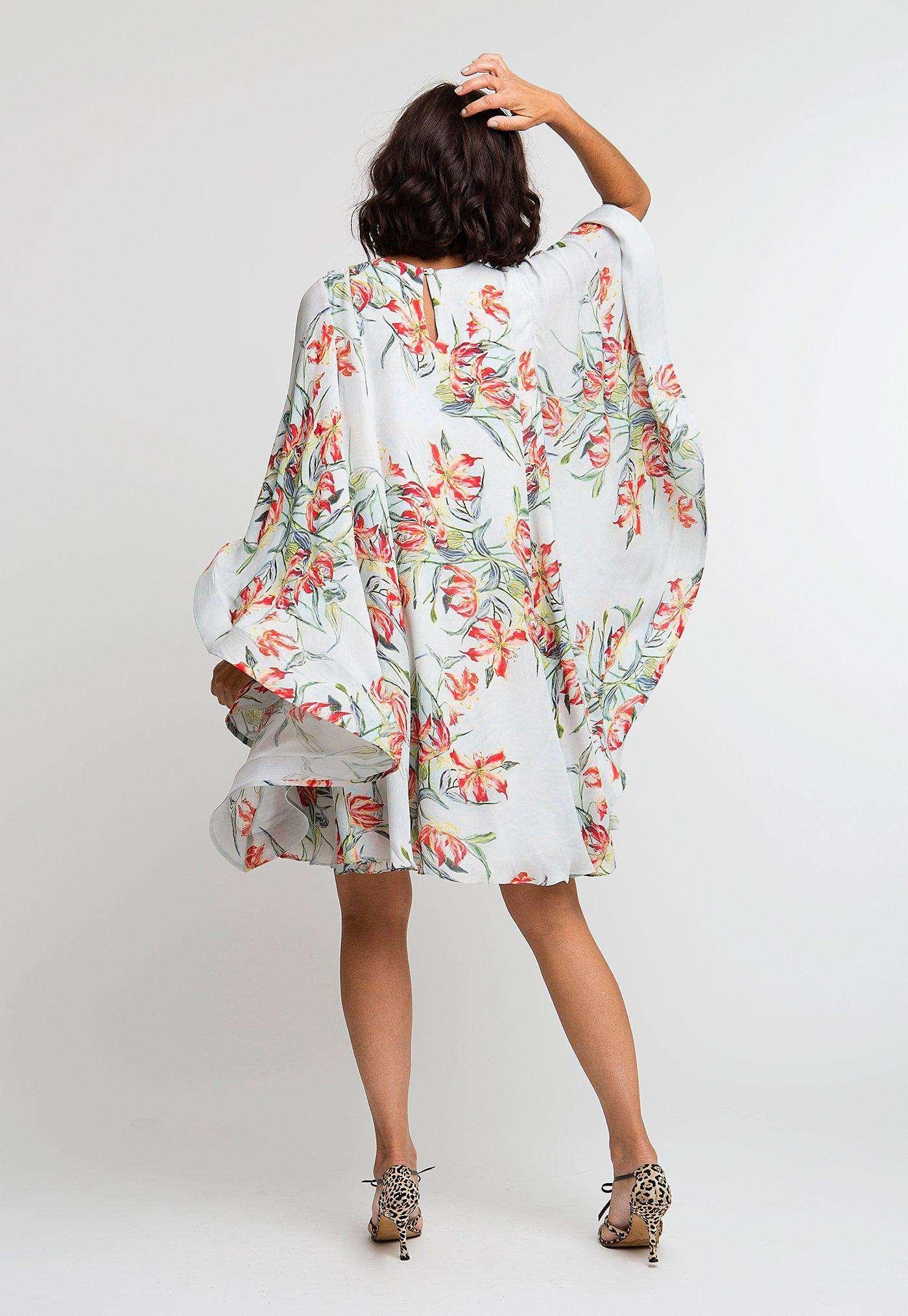 orange and blue flower printed silk short dress with large ruffled sleeves